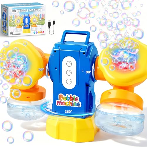 Dual-Engine Bubble Machine with LED Lights & Automatic 360° Rotation & 90° Adjustable, Type-C Rechargeable Bubble Blower Maker for Kids Birthday Parties Weddings Outdoor Activities