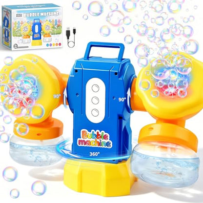 Dual-Engine Bubble Machine with LED Lights & Automatic 360° Rotation & 90° Adjustable, Type-C Rechargeable Bubble Blower Maker for Kids Birthday Parties Weddings Outdoor Activities