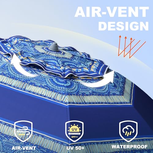 AMMSUN 7ft Heavy Duty High Wind Beach Umbrella with Sand Anchor & Tilt Sun Shelter, UPF50+ Protection Outdoor Sunshade Umbrellas and Parasols Carry Bag for Patio Garden Beach Pool Backyard - color: Spray Pavilion Blue