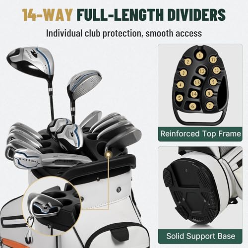 uniHimal T-Lock Golf Cart Bag with Quiet 14-Way Full-Length Divider Top | Golf Bag for Men with Magnetic Pocket, Cooler Pocket, Handle and Rain Cover - color: White Orange