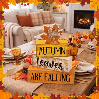 Lineshading 4 Pcs Fall Decoration for Home Wooden Maple Leaf Thanksgiving Table Centerpiece Rustic Thanksgiving Tiered Tray Decor Decorative Autumn Leaves Block Sign Farmhouse Autumn Decor for Kitchen - style: Autumn Leaves