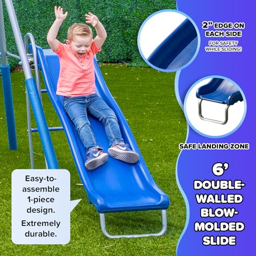 Sportspower Super Surfer Metal Swing Set with 6ft Slide, Skyflyer, Surfboard, Standing & Classic Sling Swing, for Ages 3-8