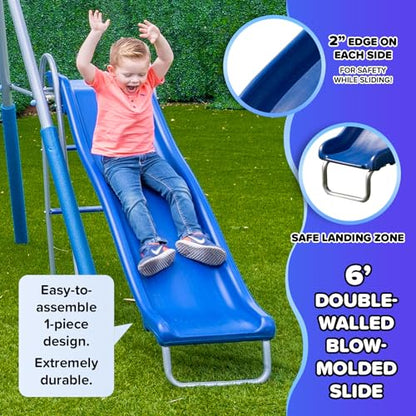 Sportspower Super Surfer Metal Swing Set with 6ft Slide, Skyflyer, Surfboard, Standing & Classic Sling Swing, for Ages 3-8