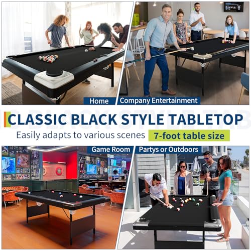 PeakPursuit 6 or 7 Ft Billiards Table, Portable Pool Table with Easy Folding for Storage, Pool Tables for Full Size with Billiard Complete Set of Accessories (Black, 7 FT)