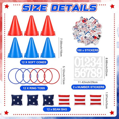 RoundFunny 12set 3 in 1 Independence Day Ring Toss Game Set, Carnival Game Kit with Cones, Rings, Bean Bags & Storage Bag, Includes for DIY Toss Games, Birthday Party, Carnival - style: Independence Day