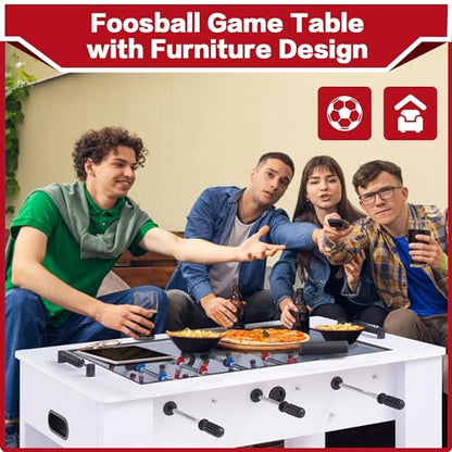 RAYKEEP Foosball Coffee Table, 2-in-1 Soccer Game Table and Coffee Table, Modern Multi Game Table with 2 Balls, Tempered Glass, for Living Room, Family Entertainment Center (White)