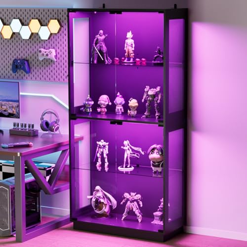 Display Cabinet with Glass Doors 4 Tier Glass Display Case with RGB LED Lights Display Cases for Collectibles Adjustable Shelves Display Case, for Game Room, Living Room, Bedroom, Black - color: Black