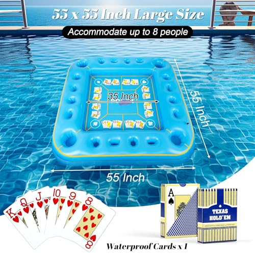 Elcoho 55 x 55 Inch Extra Large Inflatable Game Table with Waterproof Playing Cards Floating Pool Table Drink Holder Inflatable Ice Serving Tray Buffet Bar for Pool Summer Party, Light Blue - color: Light Blue