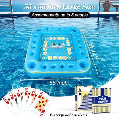 Elcoho 55 x 55 Inch Extra Large Inflatable Game Table with Waterproof Playing Cards Floating Pool Table Drink Holder Inflatable Ice Serving Tray Buffet Bar for Pool Summer Party, Light Blue - color: Light Blue