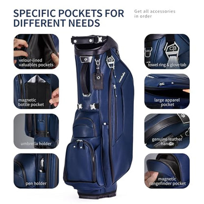 Luxury Faux Leather Golf Stand Bag, 4-Way Full-Length Divider Golf Bag with Carbon Fiber Stand, Cooler Pocket, Ergonomic Straps, Magnetic Pocket, Golf Club Bag with Rain Hood for Men/Women - color: Navy