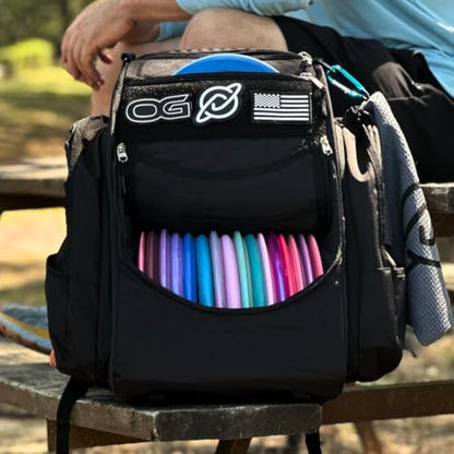 Discology Disc Golf OG Black V3 Disc Golf Bag | 26+ Disc Capacity | Premium Disc Golf Backpack Bag | Durable Design | 2 Large Side Compartments | Three Patches Included