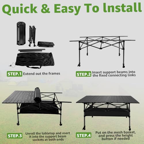 47in Portable Camping Table, Folding Beach Table, with Storage Net & Bag Easy to Carry, Prefect for Outdoor, Picnic, BBQ, Cooking, Festival, Beach, Home Use