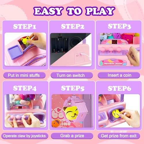 Mini Claw Machine for Kids | Girl Toys for Ages 8-13 Arcade Game Toy Claw Machine Electric Candy Vending Machine Toy with LED Lights & Adjustable Sound, Birthday Gifts for Girls Ages 4+, Pink | Pink Claw Machine with LED Lights & Adjustable Sound, Arcade