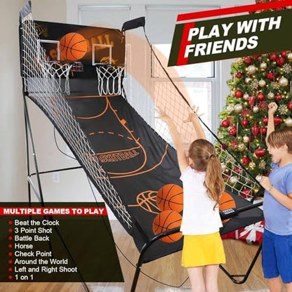 Basketball Arcade Game, Dual Shot Electronic Hoop with 8 Game Modes, Foldable Indoor/Outdoor Set with Balls & Pump for Family Fun