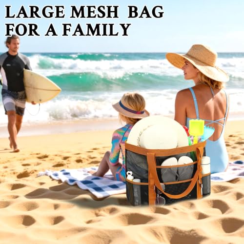 GYEUKHAM Mesh Beach Bag for Women, Sand-Resistant Pool Tote, 9 Pockets (1 Inner Zip), Foldable Family Travel Essentials - color: L-black2#