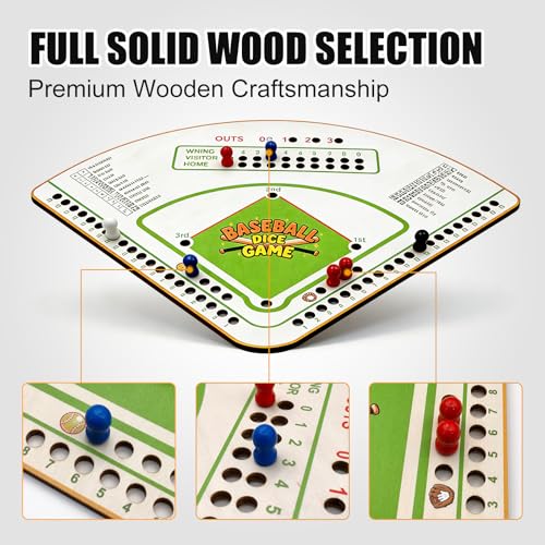 Baseball Board Game，5mm Thick Solid Oak Baseball Board Game, Portable Dice & Marker Table Game with Manual, Ideal for Family Game Night, Party & Travel