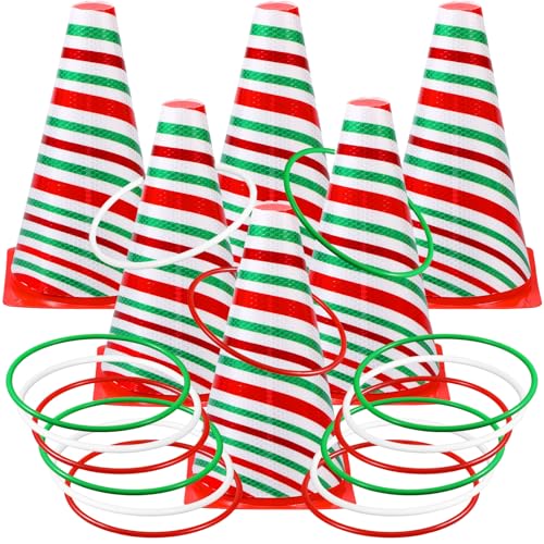 Leitee 6 Sets Candy Corn Ring Toss Game Plastic Cones Ring Toss Combo Set Mini Traffic Cones Toss Game for Sports Training Garden Backyard Outdoor Activities - color: Red White Green, style: Christmas Tree