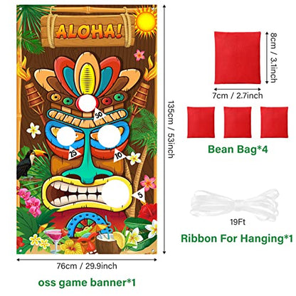 Luau Party Games Hawaiian Tiki Party Toss Games Banner with 3 Bean Bags Totem Decor for Summer Tropical Carnival Supplies