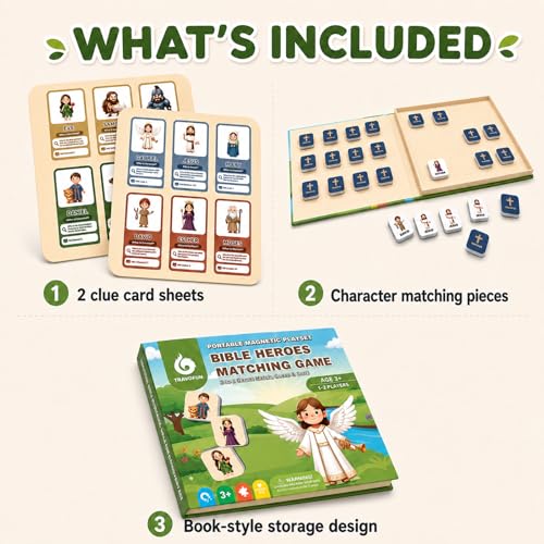TRAVOFUN Bible Heroes Matching Game for Kids, Portable Magnetic Memory Game with Clue Cards, Christian Travel Toy for Church Quiet Time, Screen-Free Bible Game for Ages 3+, 1-2 Players - style: Bible Heroes Game