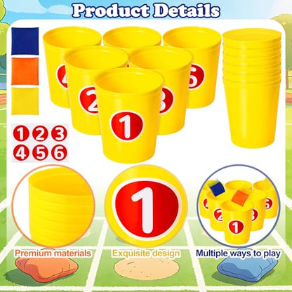 15 Pcs Bean Bag Toss Buckets Games Knockdown Can Throwing Game Sets, 6 Buckets 3 Bean Bag Number 1-6 Stickers for Outdoor, Family Gatherings, Birthdays, Indoor and Outdoor Activities