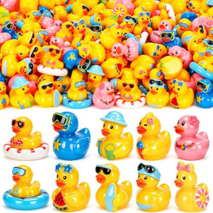 120 Pcs Summer Mini Resin Ducks 10 Styles Hawaii Beach Tiny Cruise Ducks to Hide Miniature Duck Figurines for Summer Swimming Pool Party Cruise Ship Game DIY Craft Cake Aquarium Desktop Decor - style: 120Pcs-Summer Ducks