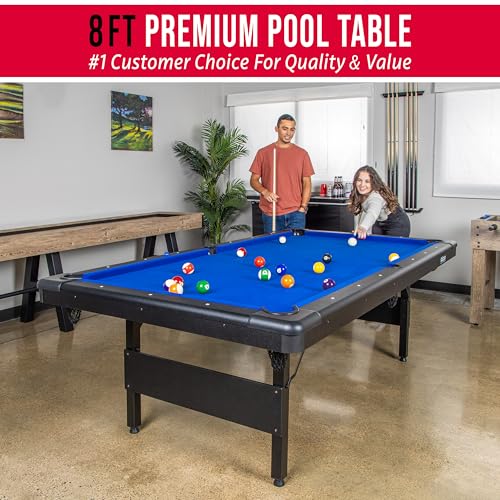 GoSports 6, 7, or 8 ft Billiards Tables - No Assembly, Choose Your Color - Portable Pool Table Includes Full Set of Balls, 2 Cue Sticks, Chalk and Felt Brush - style: 8 ft Blue