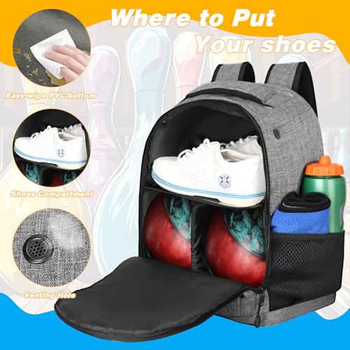 Goloni 2 Ball Bowling Backpack,Bowling Ball Bag with Shoe Compartment & Portective Foam Padded, Fits Shoes Up to US Size 16 - color: Grey