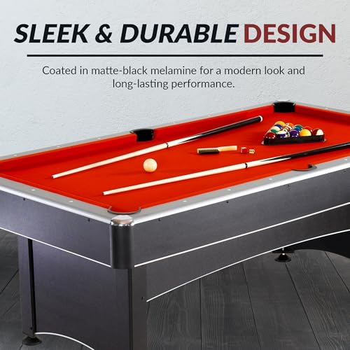 Hathaway Maverick 7 Foot Pool Table with Table Tennis Top – with Accessories for Both Games – Space-Saving Ping Pong and Pool Table Combo for Families – Matte Black Finish, Red Felt