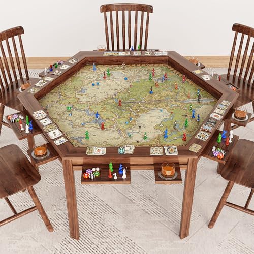 LAUSAINT HOME Board Game Table, 59" Hexagon Gaming Table with Removable Table Top & Play Mat for 6 Players, Includes Detachable Cup Holders and Trays for Dining, Card, DND, Poker in Walnut - size: Hex Table