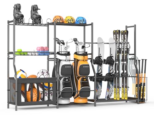 Ultrawall Sports Equipment Organizer, Golf Bag Stand with Ski & Snowboard Storage Rack, Ball Storage Rack with Basket, Garage Organization for Toy Storage, Indoor/Outdoor Use
