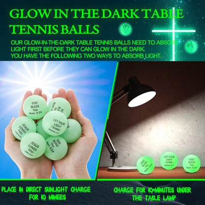 Soulchen 24 Pcs Christian Glow in The Dark Table Tennis 40mm Jesus Bible Verse Balls Bulk Luminous Neon Ball Christian Gifts for Holiday Halloween Party Favor Church Activities, Basket Filler