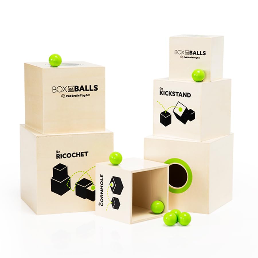 Fat Brain Toys Box and Balls, Wooden Activity Cubes and Bouncy Balls for Kids, Fun New Trickshot Games for Ages 6 to 11
