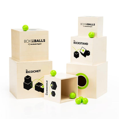 Fat Brain Toys Box and Balls, Wooden Activity Cubes and Bouncy Balls for Kids, Fun New Trickshot Games for Ages 6 to 11