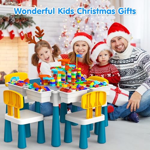 OCATO Toddlers Kids Table and 4 Chairs Set: Activity Table with 152Pcs Large Marble Run Building Blocks Storage All in One Play Sensory Water Tables Sand Tables for Boys Girls 3 4 5 6 Year Old - color: Dark Blue-with 4 Chairs