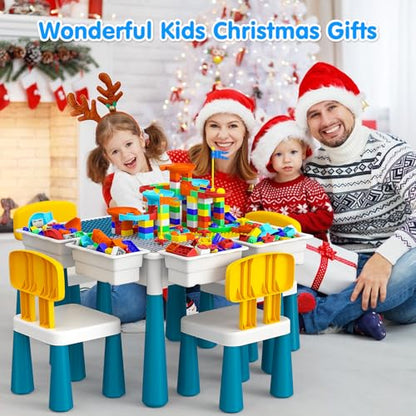 OCATO Toddlers Kids Table and 4 Chairs Set: Activity Table with 152Pcs Large Marble Run Building Blocks Storage All in One Play Sensory Water Tables Sand Tables for Boys Girls 3 4 5 6 Year Old - color: Dark Blue-with 4 Chairs