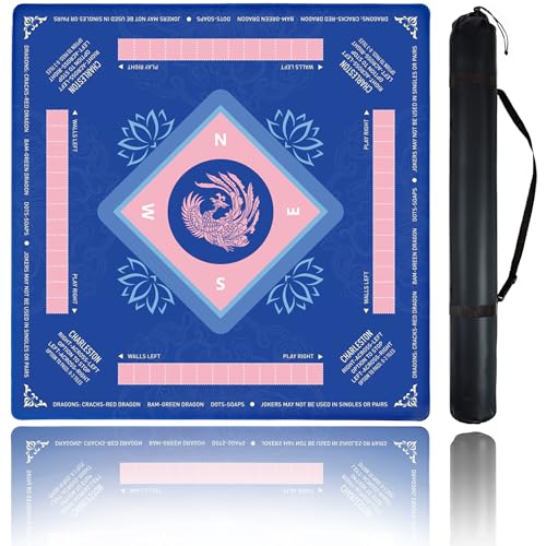 Mahjong Mat for Table,CUFURNIX 31.5''x31.5'' Non-Slip & Noise Reduction Mahjong Mat with Rules,Mah Jongg Gift with Carrying Bag for Poker,Board Games,Dominoes,Cards & Tile Games (Blue-Pink) - color: Blue-pink