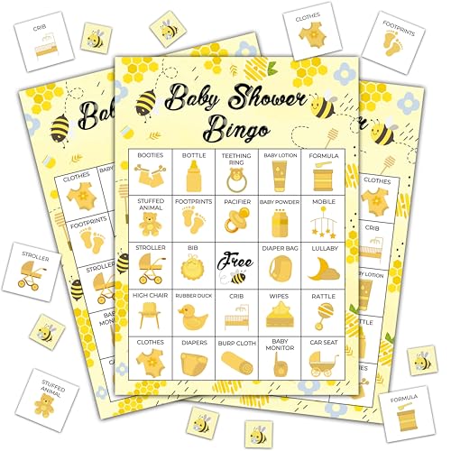 Baby Shower Bingo - 24 Player Bee Themed Game for Adults and Gender Reveal Parties - color: Bee