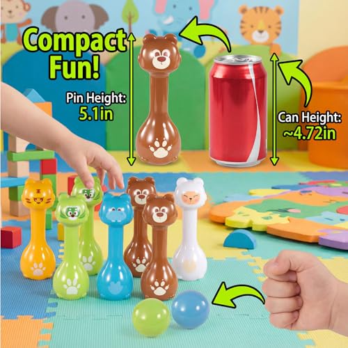 Mini Toddler Bowling Set Ages 1-5 with 10 Plastic Pins (5 Forest Animals) and 2 Balls, Lightweight Indoor Montessori-Inspired First Birthday Gift for Toddler Boys Girls