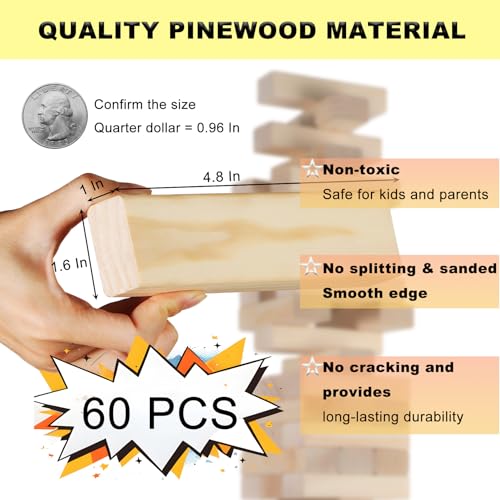 Tumbling Tower Game - 3.3 FT 60 Premium Wood Blocks Outdoor Stacking Game for Family & Adults with Carry Bag, Perfect for Backyard Lawn Camping Party BBQ - size: Medium Size