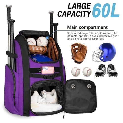 Goloni Baseball Bag, 60L Capacity Softball bag Holds 4 Bats for Youth & Adult, Baseball Bat Backpack with Shoes Compartment,Helmet Holder,Fence for Hook T-Ball, Softball Equipment, Baseball Gear - color: Purple