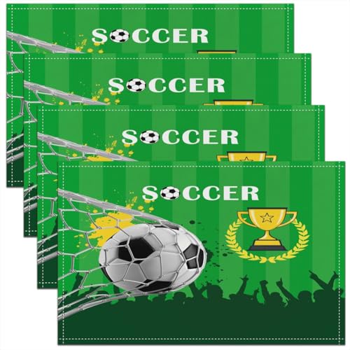 Castle Fairy Soccer Kids Placemats Set of 4,Modern Sports Game Table Place Mats,Outdoor Sport Lover Kitchen Decor,Green Golden Placemat Kitchen Table Decoration 12"x18" - color: Green Golden