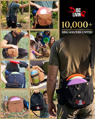 Disc Golf Bag | Frisbee Golf Bag | Easy to Carry | Lightweight Fits Up to 10 Discs | 16 oz Waxed Canvas Sturdy Design | Belt Loop | Double Button Design | Bottle Holder - style: Waxed Canvas / Leather - Black