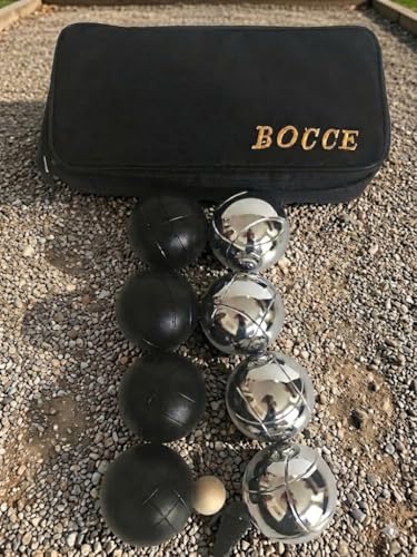 BuyBocceBalls Listing -73mm Metal Bocce Set with 8 Black and Silver Balls and Black Bag *