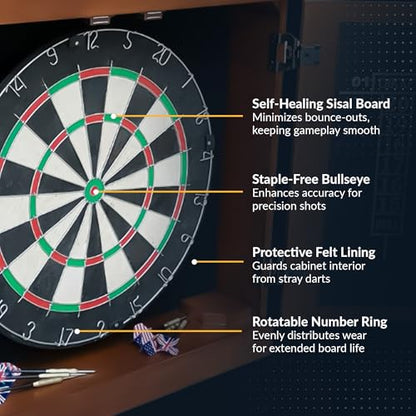 Hathaway Farmington 18-in Bristle Dart Board and Cabinet Set – Includes Self Healing Sisal Board, Rotatable Number Ring, Chalk Scoreboards & Steel-Tip Darts - Complete Dart Accessories - Walnut