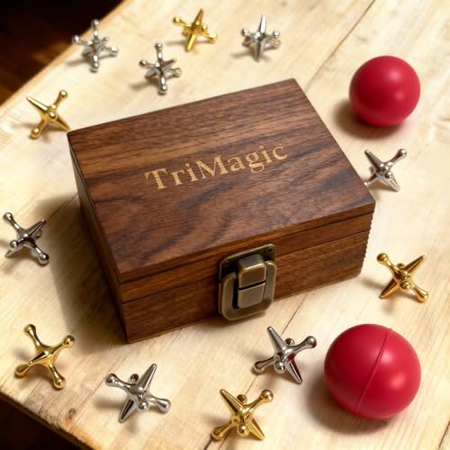 TriMagic Metal Jacks Game with Ball Classic, Jax Toy, Vintage Jacks and Ball Set in Wooden Gift Box, Old School Jax Game, Retro Nostalgic Toys from 50s 60s 70s 80s, 20 Gold & Silver Jack Stones - style: 20 Jacks+2 Balls+ Wooden Box