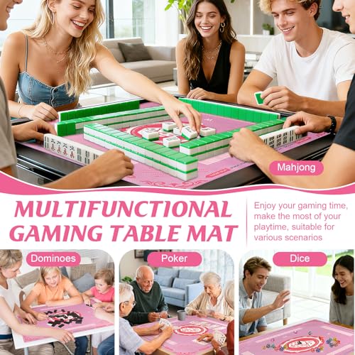 Mahjong Mat with Rules for Table, American Mahjong Table Mats Multi Purpose Anti Slip Noise Reduction Game Table Cover for Poker Card Dominoes Board Tile Games (Pink)
