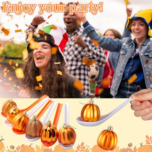 Wettarn 48 Pcs Fall Thanksgiving Spoon Race Game Set 24 Fall Themed Pumpkin Ornaments and 24 Orange White Spoons Fun Relay Race Games for Thanksgiving Autumn Outdoor Party Favors Supplies - style: Thanksgiving