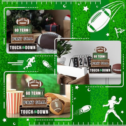 Britimes 4 Pcs Game Day Football Tiered Tray Decorations Set Touchdown Stack Block Signs Go Team First Goal Rustic Tabletop Decor for Table & Home Office (Game Day)