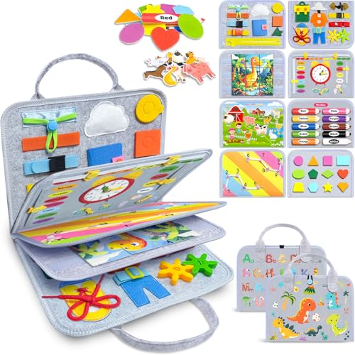 Gojmzo Busy Board Montessori Toys for Toddler Boy Girl Birthday Gifts, Busy Book Sensory Toys for Toddlers, Learning Educational Toddler Travel Activities - style: Grey/P8