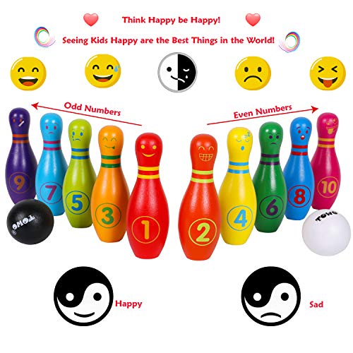 TOWO Wooden Skittles for Children - Skittle Set with 10 Facial Expressions and Numbers - 10 Pin Bowling Set for Kids Garden Toys- Wooden Toys for 2 Year Old